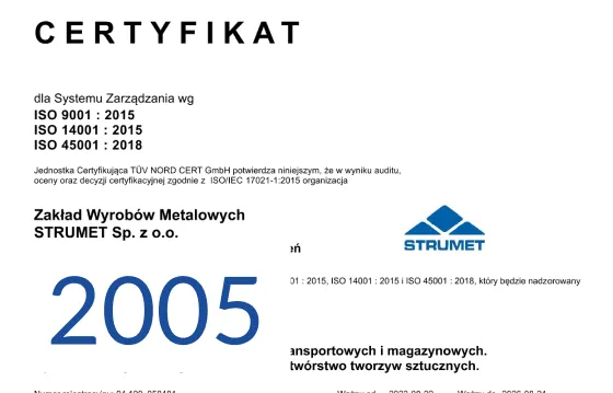 2005 nowe certyfikaty rozwój Strumet o firmie